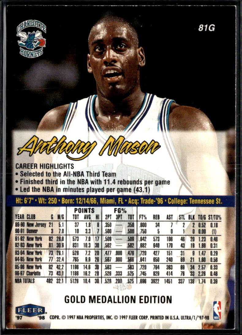Anthony Mason 1997 Fleer Ultra Gold Medallion Edition Charlotte Hornets