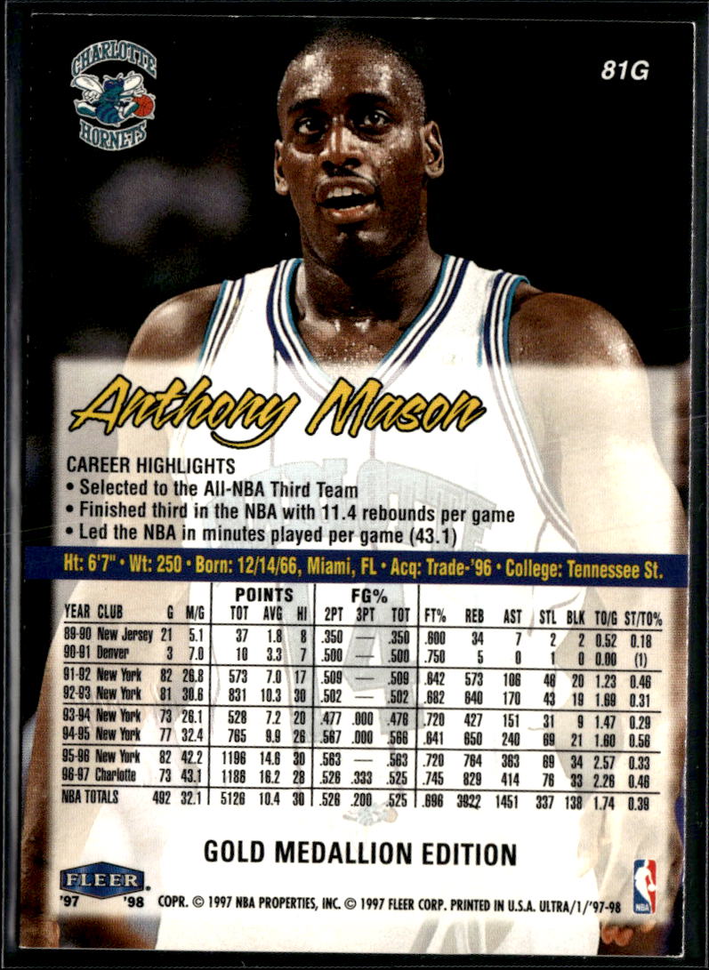 Anthony Mason 1997 Fleer Ultra Gold Medallion Edition Charlotte Hornets