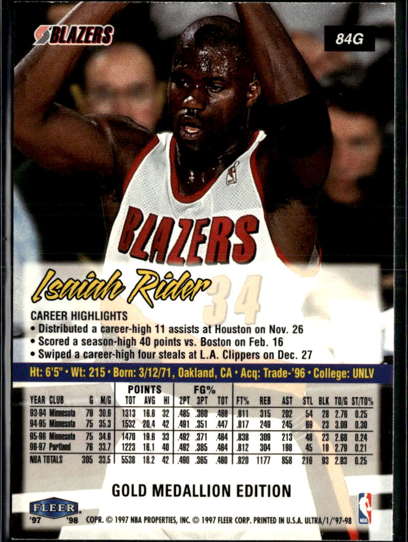 Isaiah Rider 1997 Fleer Ultra Gold Medallion Edition Portland Trail Blazers