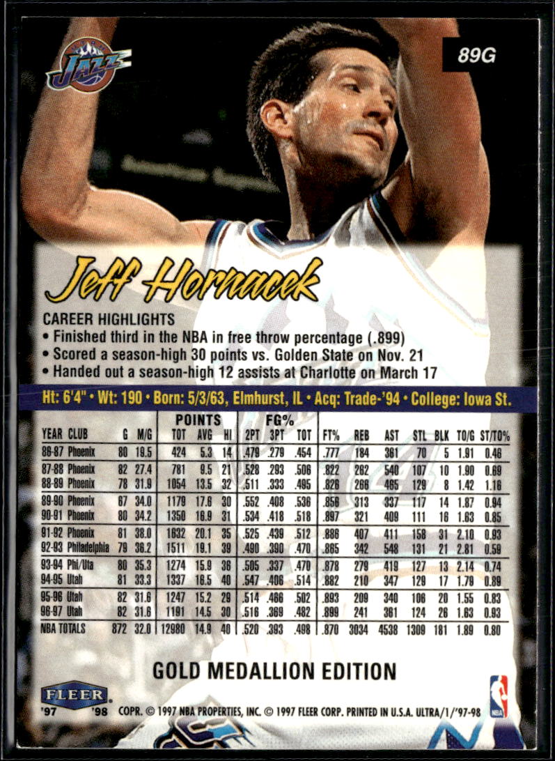 Jeff Hornacek 1997 Fleer Ultra Gold Medallion Utah Jazz