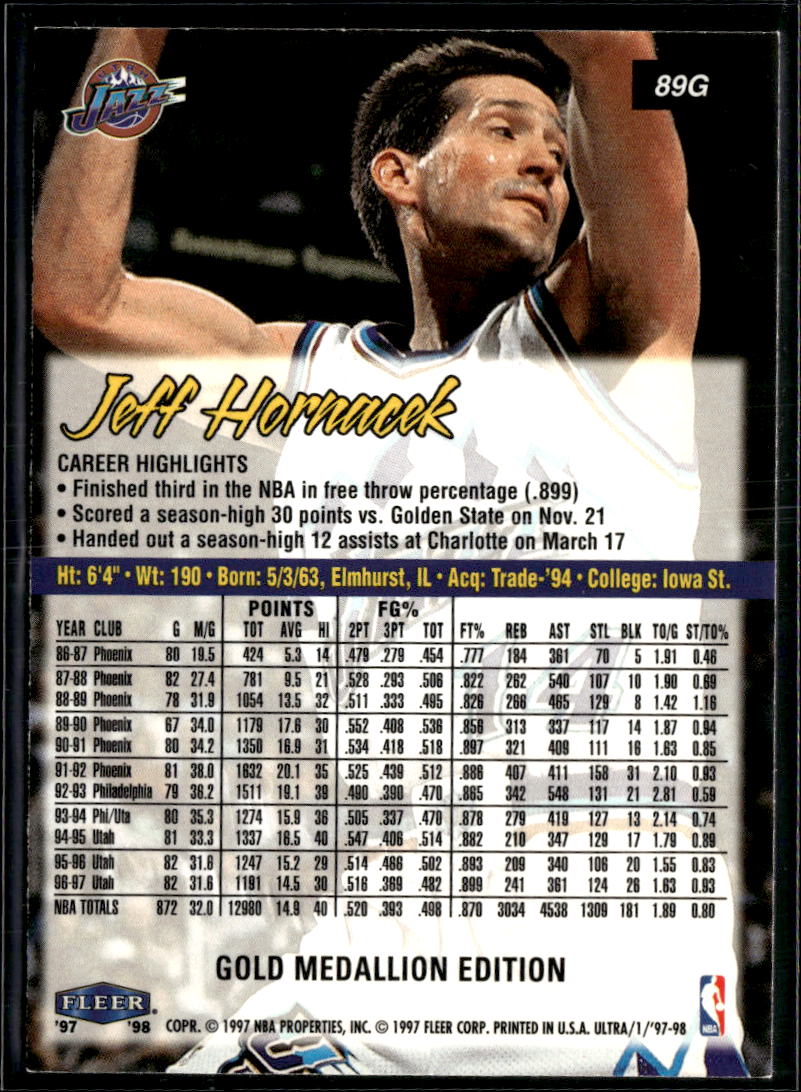 Jeff Hornacek 1997 Fleer Ultra Gold Medallion Utah Jazz