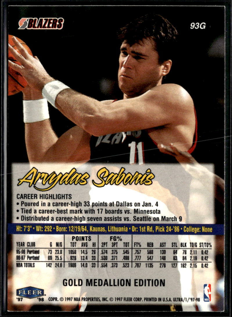 Arvydas Sabonis 1997 Fleer Ultra Gold Medallion Portland Trail Blazers