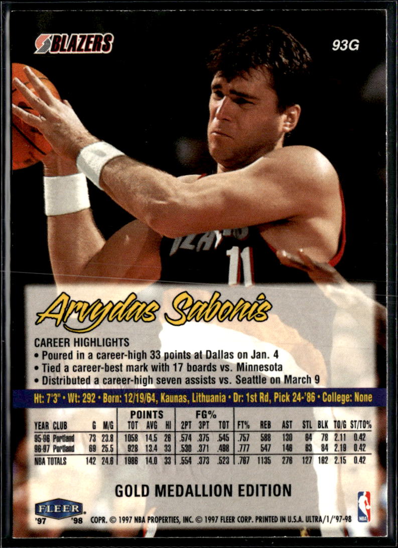 Arvydas Sabonis 1997 Fleer Ultra Gold Medallion Portland Trail Blazers