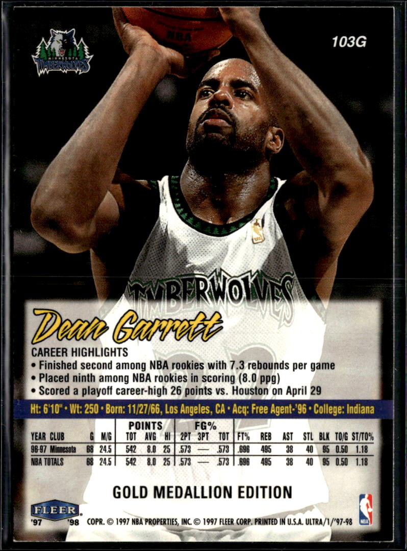 Dean Garrett 1997 Fleer Ultra Gold Medallion Edition Minnesota Timberwolves