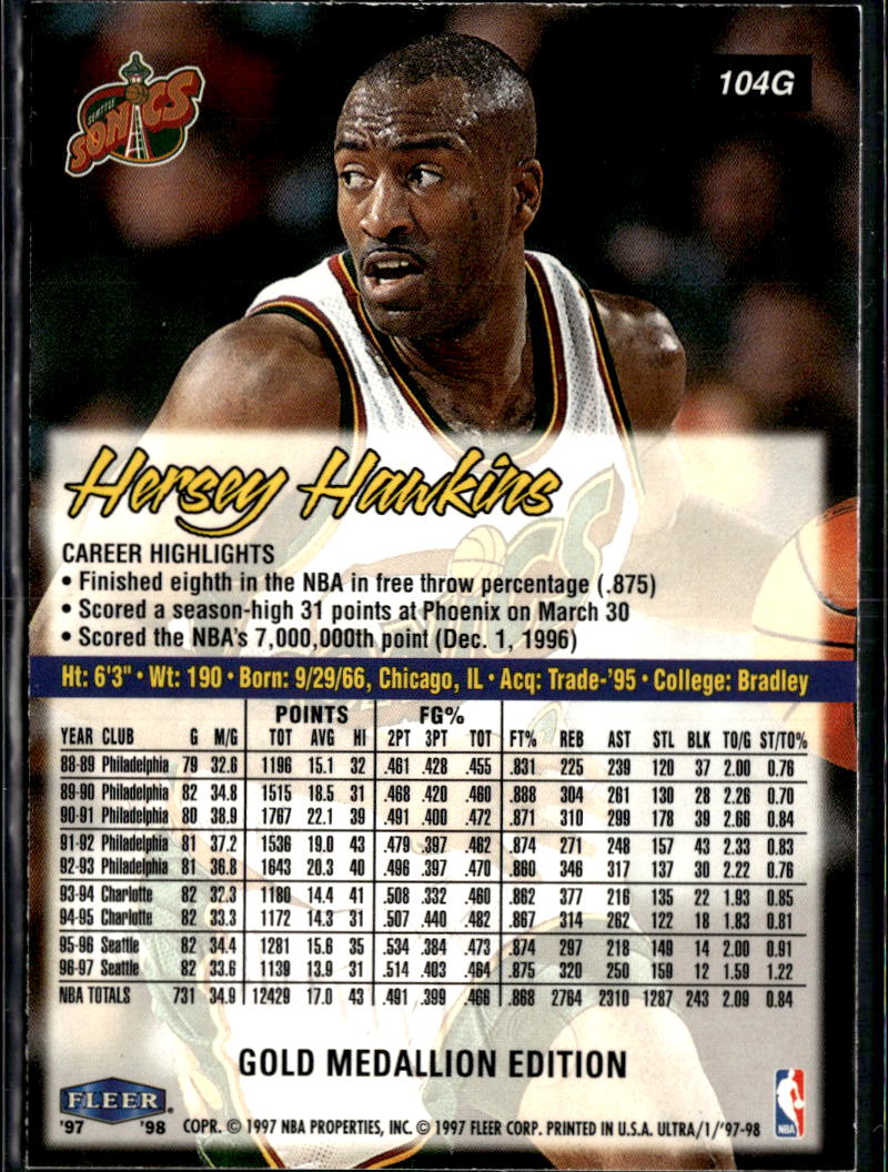 Hersey Hawkins 1997 Fleer Ultra Gold Medallion Edition Seattle SuperSonics
