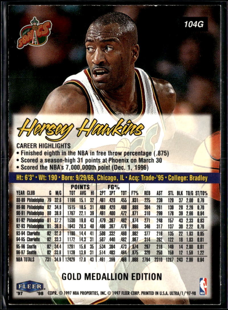 Hersey Hawkins 1997 Fleer Ultra Gold Medallion Edition Seattle SuperSonics