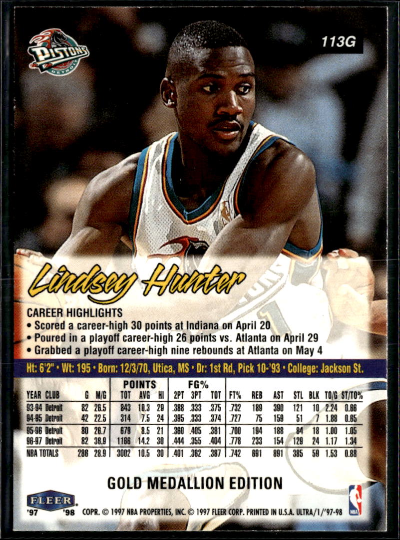 Lindsey Hunter 1997 Fleer Ultra Gold Medallion Edition Detroit Pistons