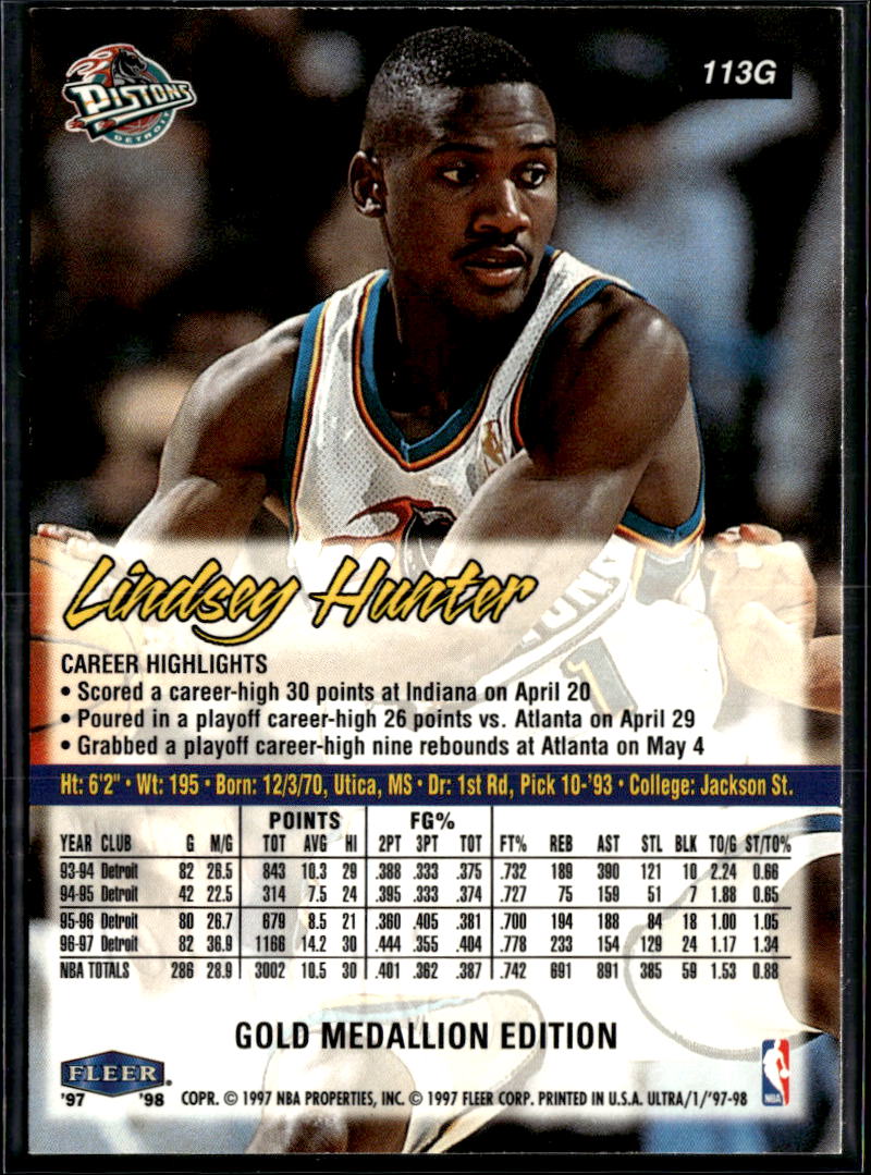Lindsey Hunter 1997 Fleer Ultra Gold Medallion Edition Detroit Pistons