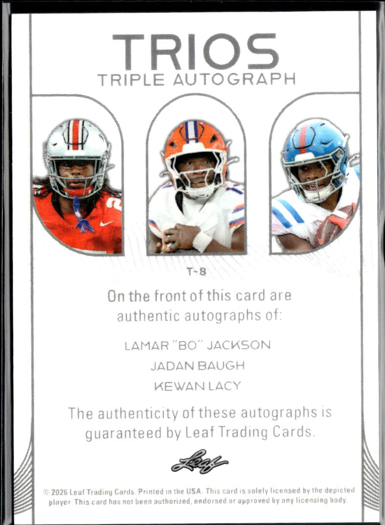 Lamar Jackson Jadan Baugh Kewan Lacy 2026 Leaf Trinity Triple Auto Autograph 5/5