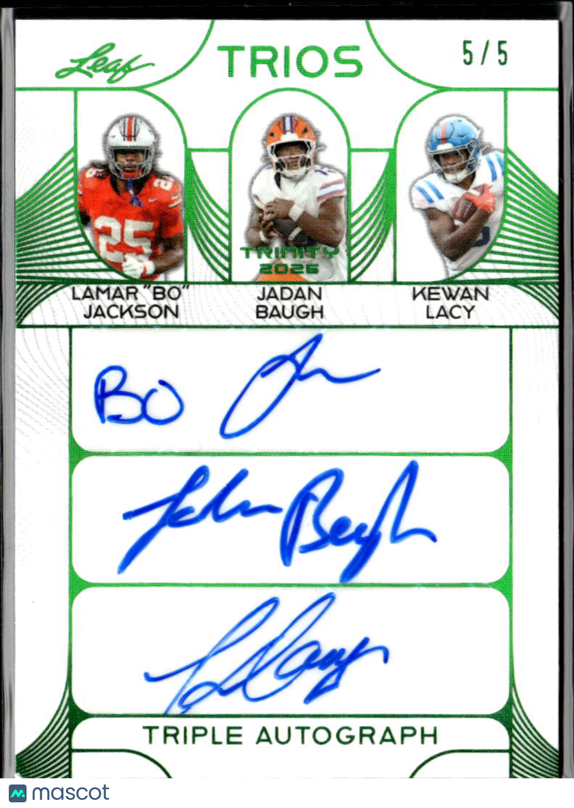 Lamar Jackson Jadan Baugh Kewan Lacy 2026 Leaf Trinity Triple Auto Autograph 5/5