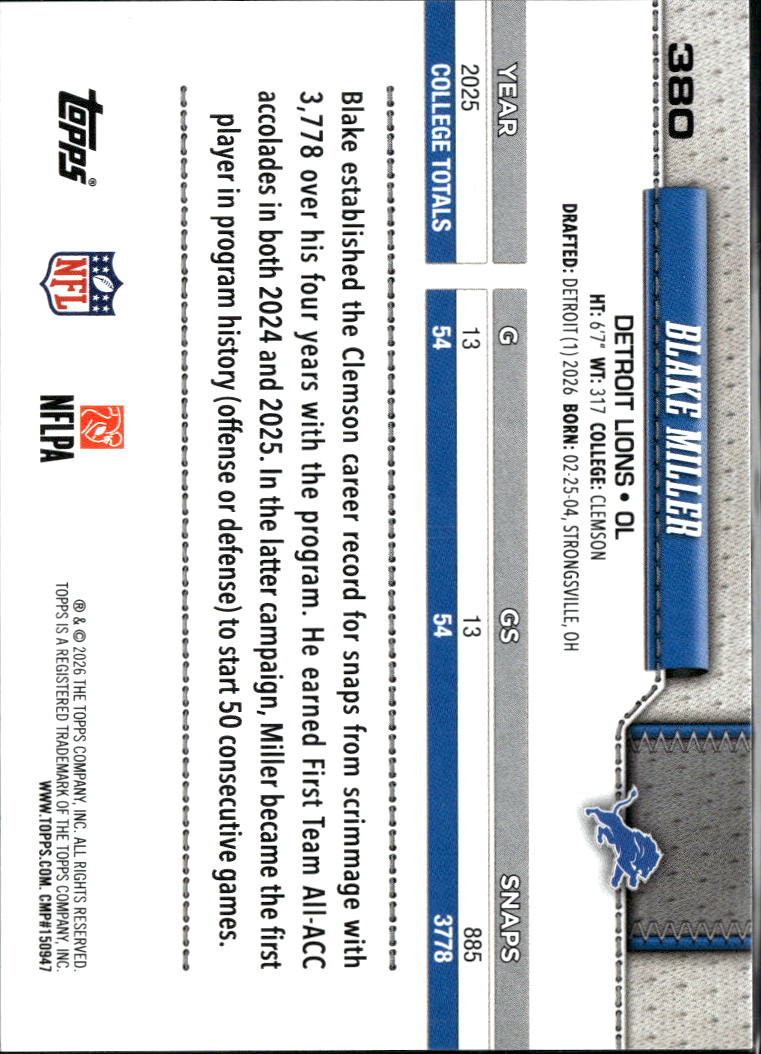 Blake Miller 2026 Topps Team Logo SSP SHORTPRINT Rookie RC Detroit Lions