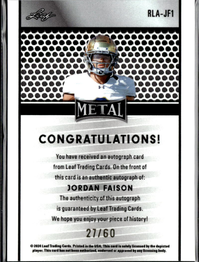 Jordan Faison 2024 Leaf Metal Auto Autograph RC Notre Dame 27/60