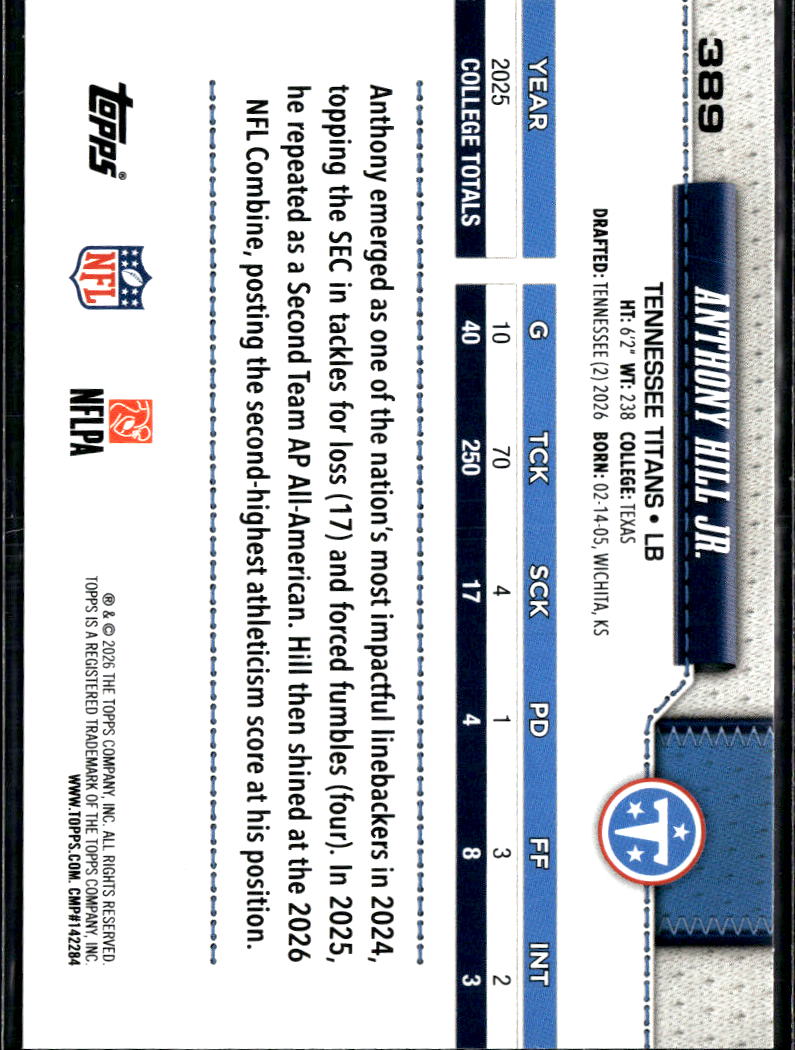 Anthony Hill Jr. 2026 Topps Pigskin Leather Rookie RC Tennessee Titans
