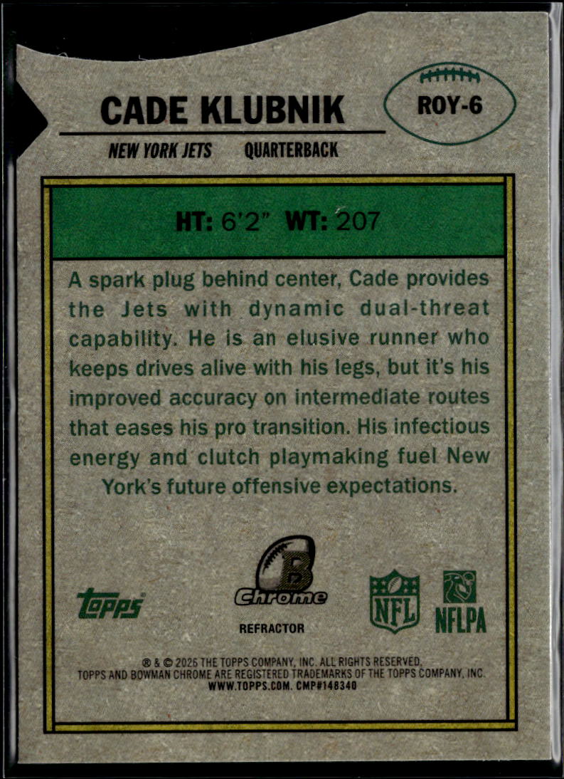 Cade Klubnik 2026 Bowman Chrome Rookie of the Year RC Refractor New York Jets