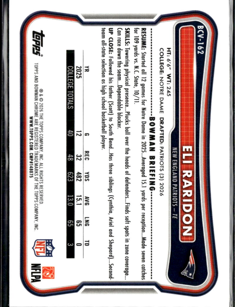 Eli Raridon 2026 Bowman Chrome Speckle Refractor RC New England Patriots