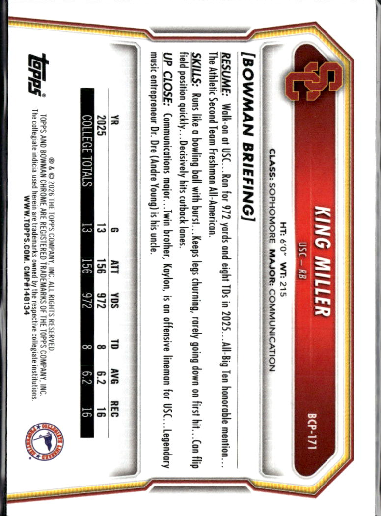 King Miller 2026 Bowman Chrome 1st Speckle Refractor USC Trojans