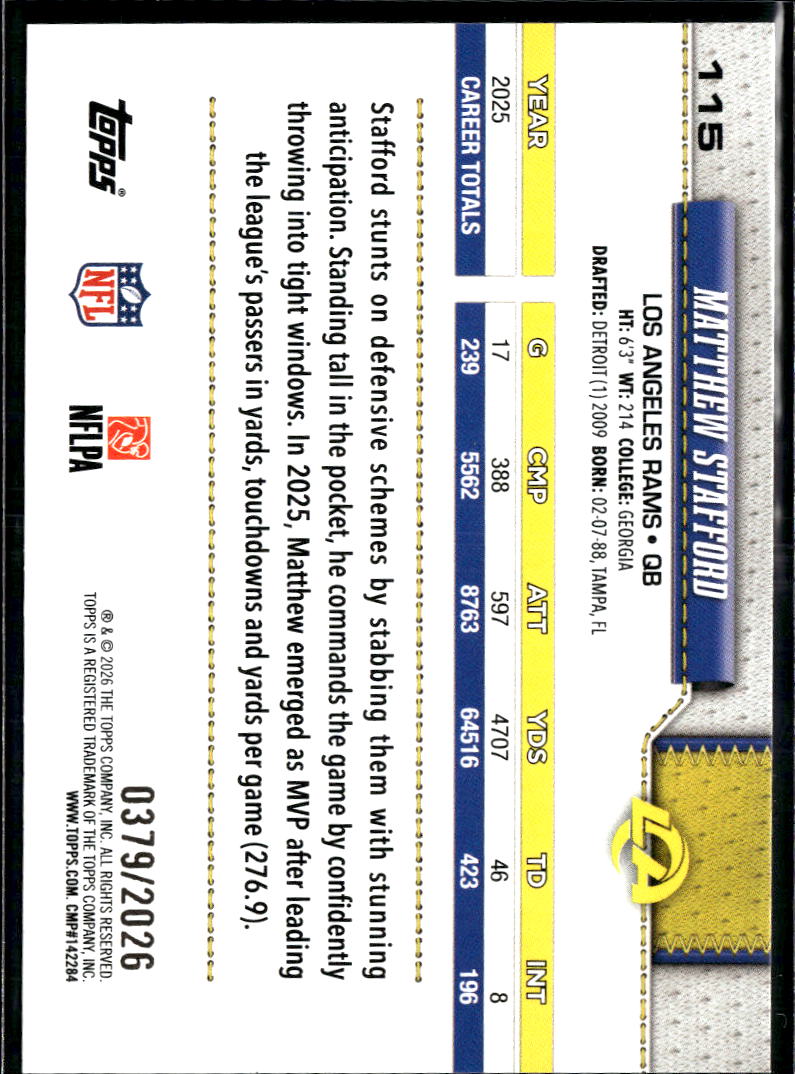 Matthew Stafford 2026 Topps Gold 379/2026 Los Angeles Rams