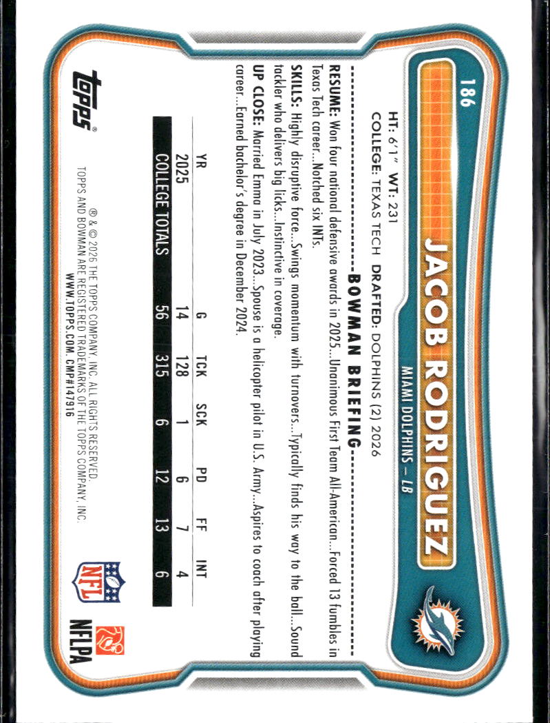 Jacob Rodriguez 2026 Bowman RC Rookie Blue 26/150 Miami Dolphins