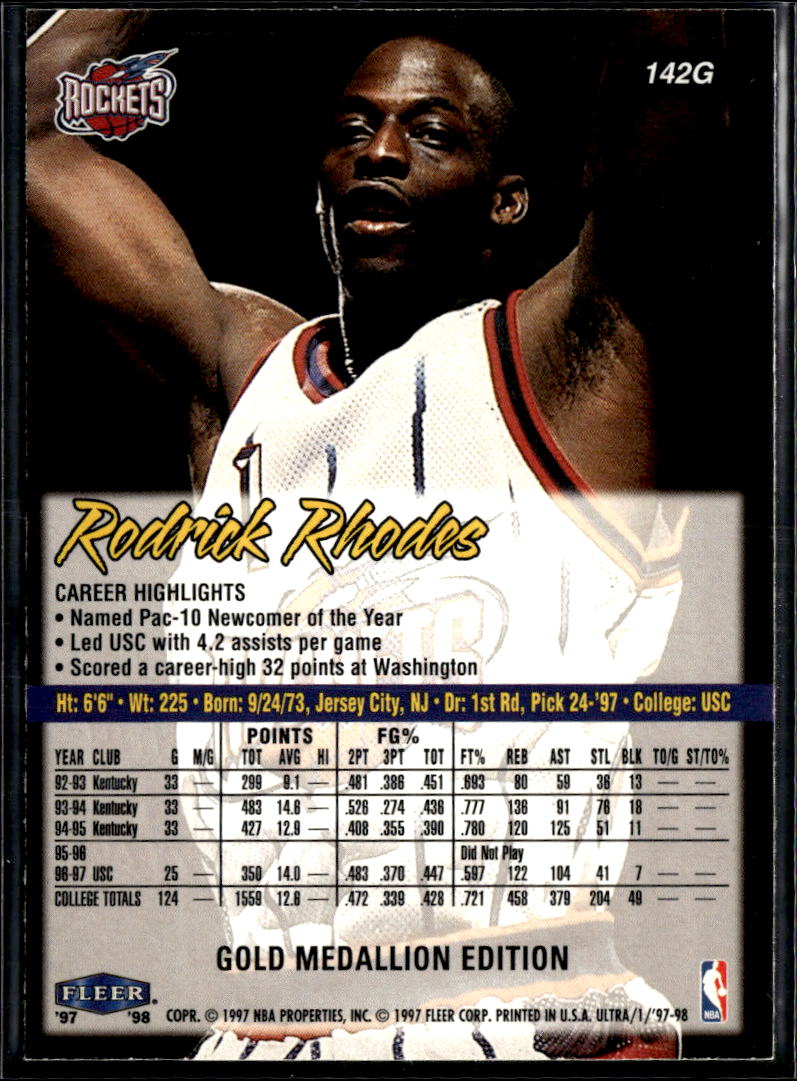Rodrick Rhodes 1997 Fleer Ultra Rookie Gold Medallion Edition Houston Rockets