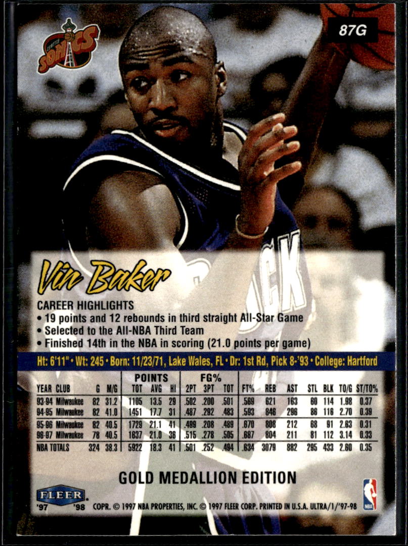 Vin Baker 1997 Fleer Ultra Gold Medallion Milwaukee Bucks Seattle SuperSonics