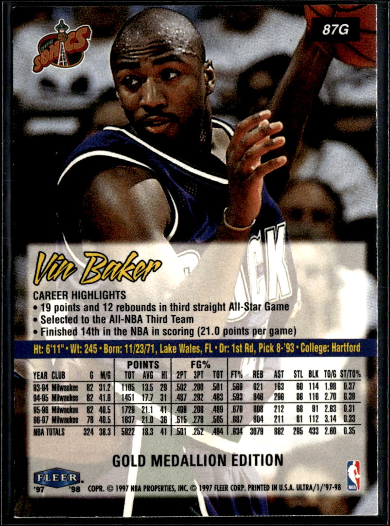 Vin Baker 1997 Fleer Ultra Gold Medallion Milwaukee Bucks Seattle SuperSonics