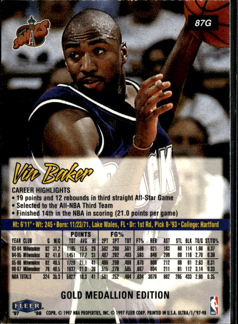 Vin Baker 1997 Fleer Ultra Gold Medallion Edition Bucks SuperSonics