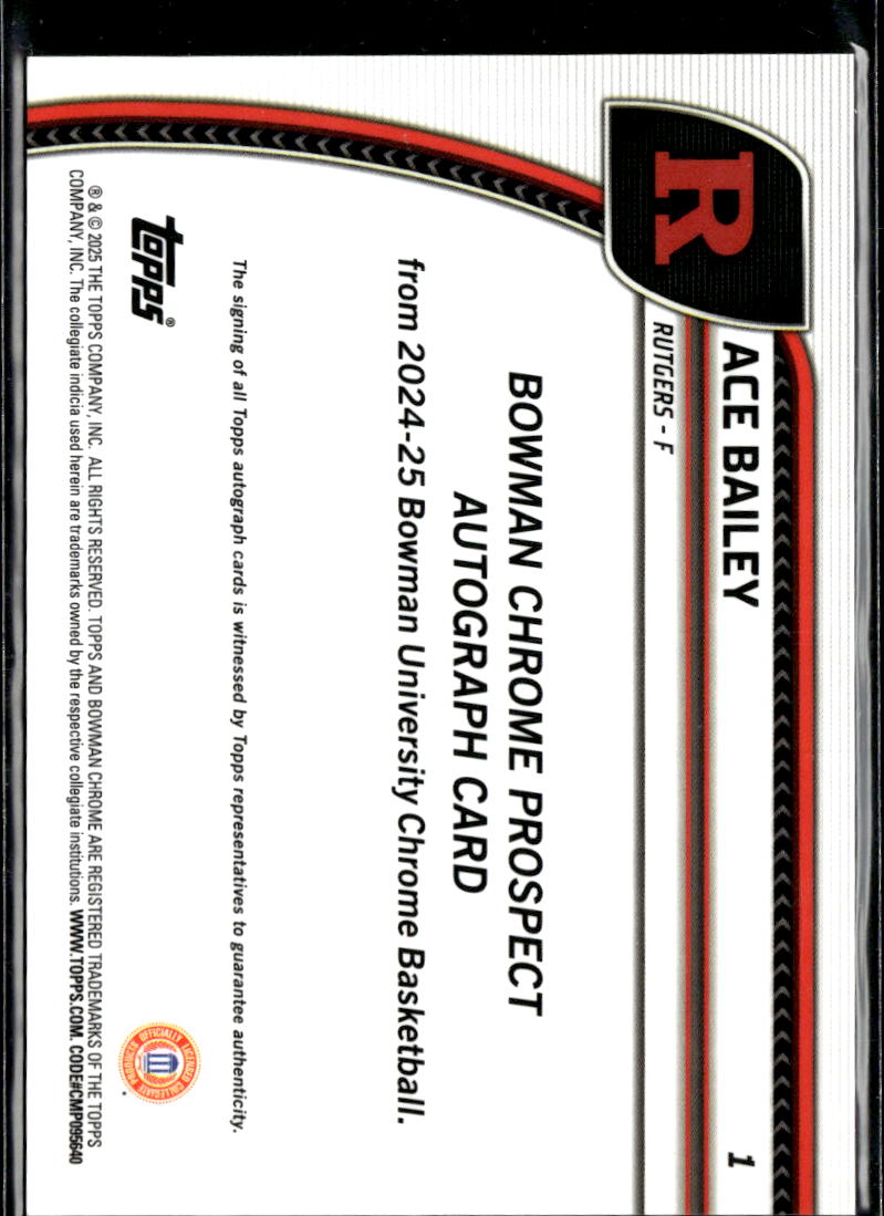 Ace Bailey 2024 Bowman Chrome 1st Auto Autograph Rutgers Scarlet Knights