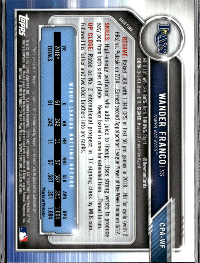 Wander Franco 2019 Bowman Chrome 1st Auto Autograph 226/250 Tampa Bay Rays