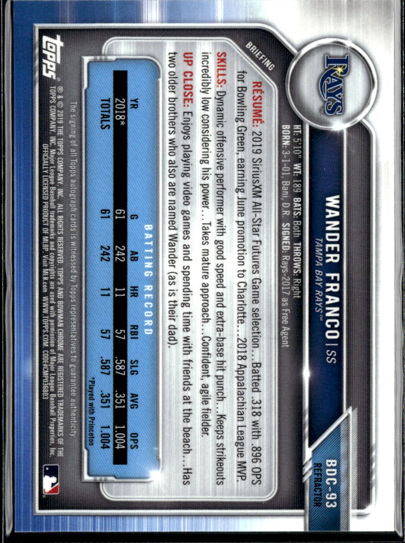 Wander Franco 2019 Bowman Chrome Auto Autograph 92/99 Tampa Bay Rays