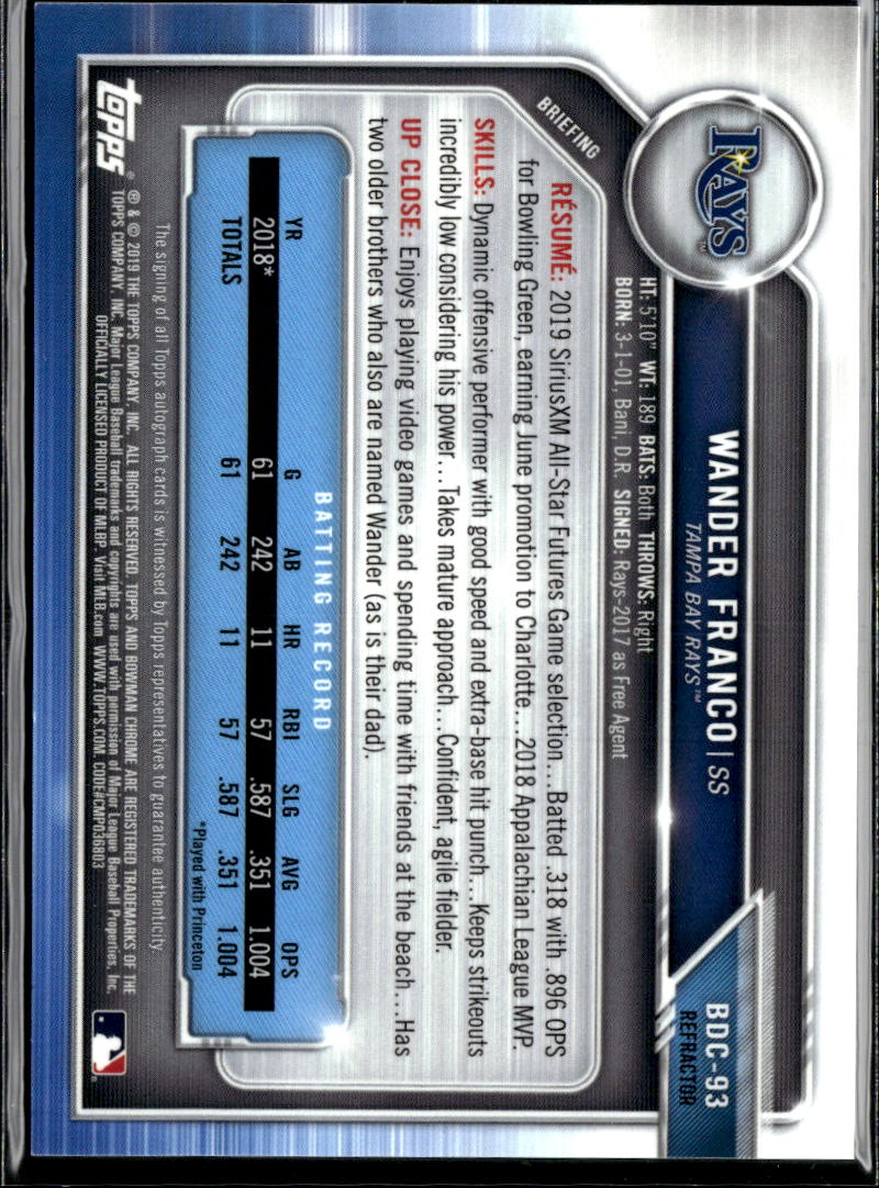 Wander Franco 2019 Bowman Chrome Auto Refractor Tampa Bay Rays