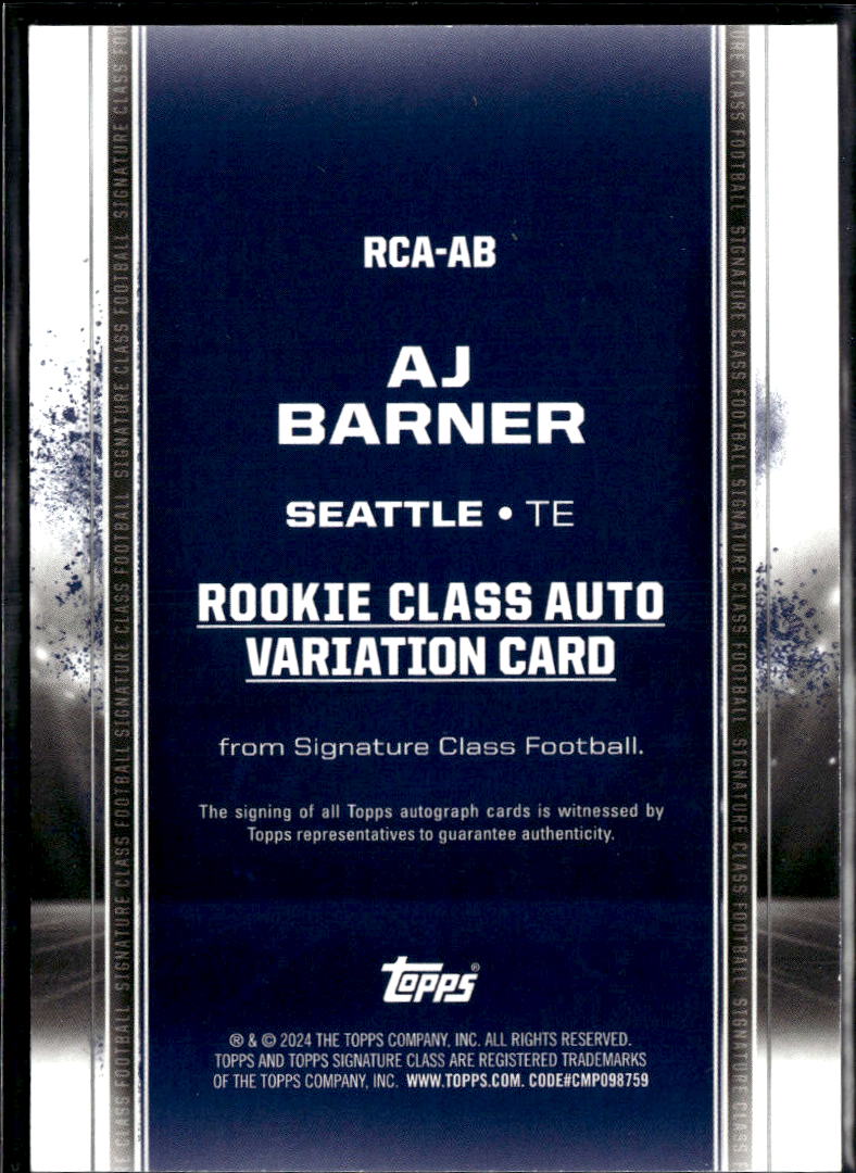 AJ Barner 2024 Topps Signature Class Auto Autograph RC Seattle Seahawks