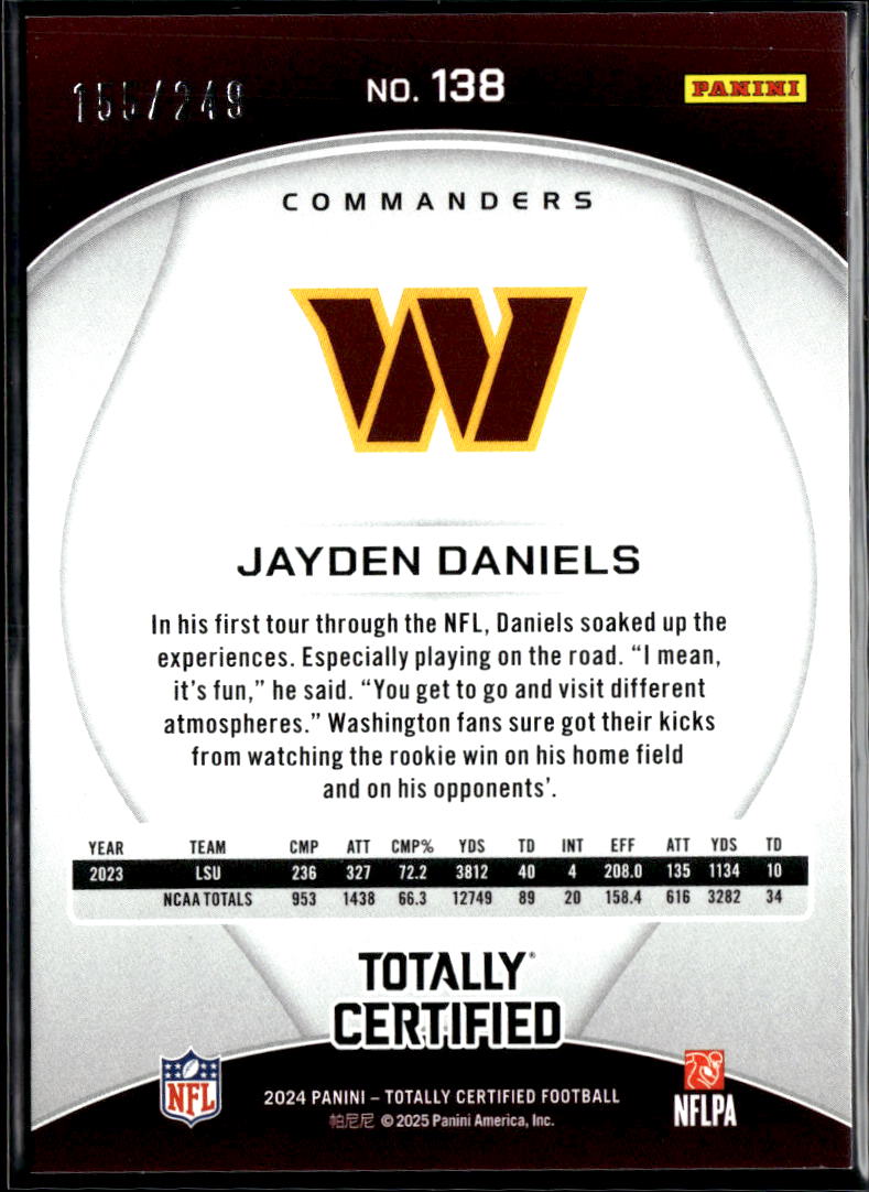 Jayden Daniels 2024 Totally Certified RC Red Rookie 155/249 Commanders