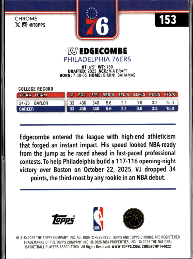 VJ Edgecombe 2026 Topps Chrome GOLD Wave Refractor RC 24/50 Philadelphia 76ers