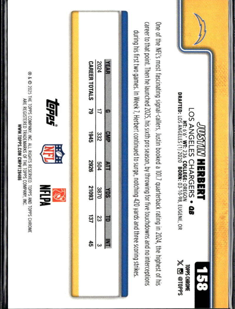 Justin Herbert 2025 Topps Chrome Sapphire Image Variation GOLD 40/50 LA Chargers