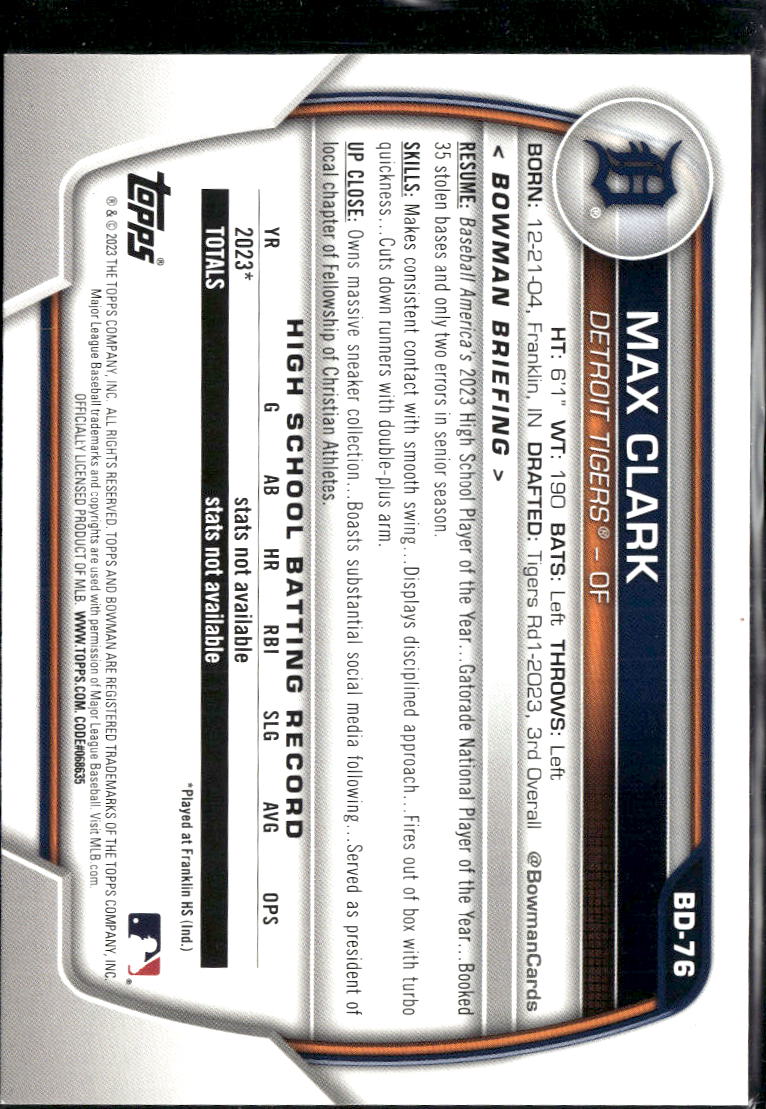 Max Clark 2023 Bowman Draft 1st Rookie RC Detroit Tigers