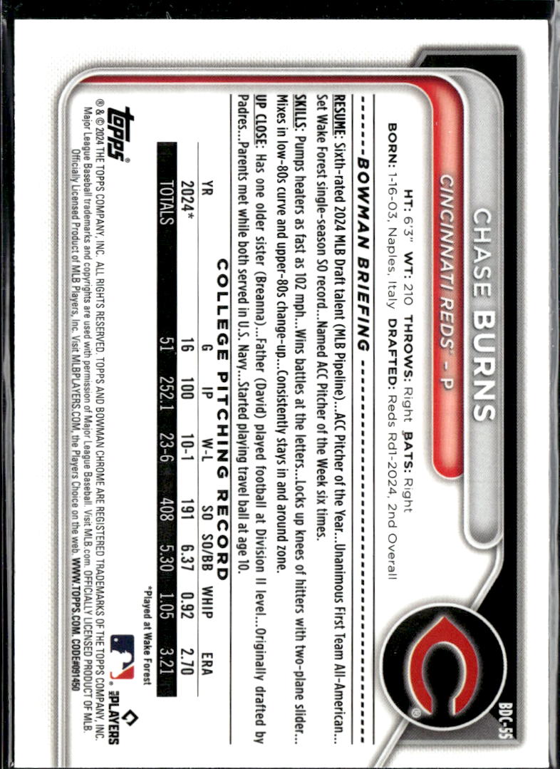 Chase Burns 2024 Bowman Chrome 1st Rookie RC Cincinnati Reds