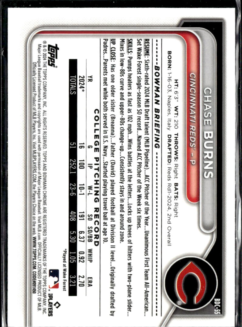 Chase Burns 2024 Bowman Chrome 1st Rookie RC Cincinnati Reds