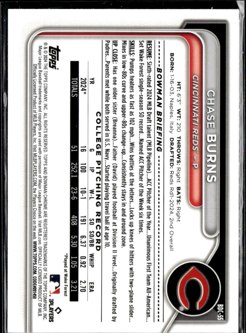 Chase Burns 2024 Bowman Chrome 1st Rookie RC Cincinnati Reds