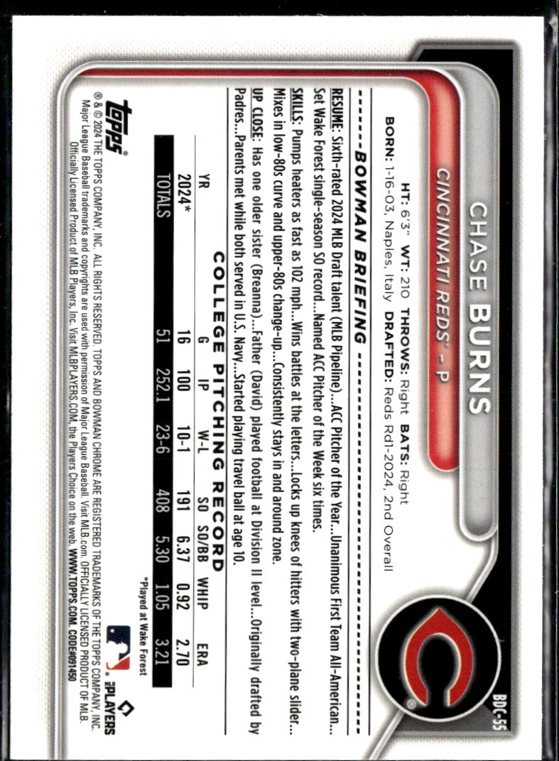 Chase Burns 2024 Bowman Chrome 1st Rookie RC Cincinnati Reds