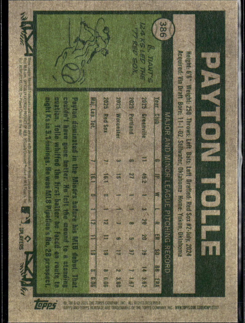 Payton Tolle 2026 Topps Heritage RC Rookie Boston Red Sox