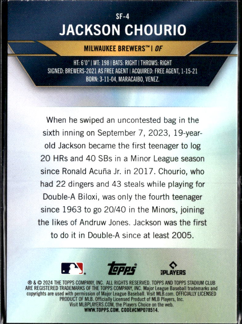 Jackson Chourio 2024 Stadium Club Special Forces Rookie RC Milwaukee Brewers