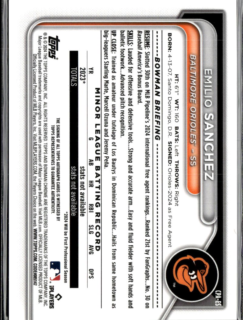 Emilio Sanchez 2024 Bowman Chrome 1st Auto Autograph 6/99 Baltimore Orioles