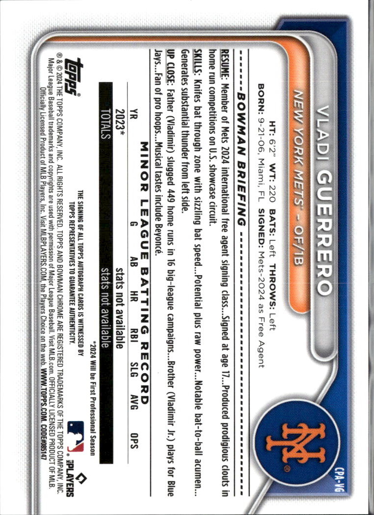 Vladi Guerrero 2024 Bowman Chrome 1st Auto Autograph 18/99 New York Mets