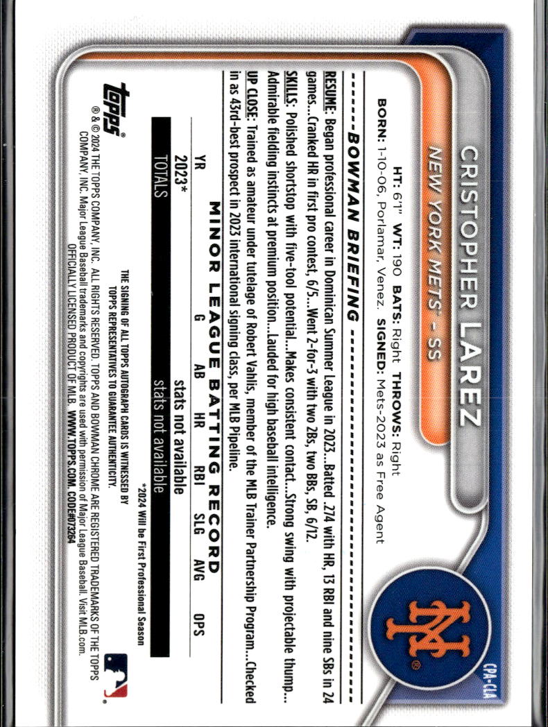 Cristopher Larez 2024 Bowman Chrome 1st Auto Autograph 95/99 New York Mets