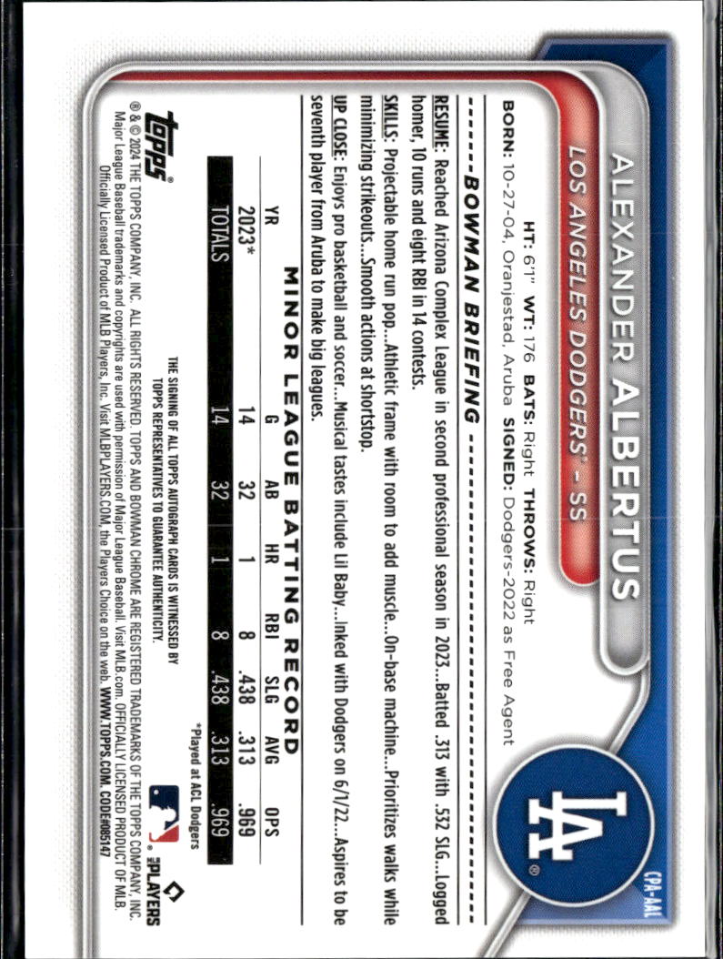 Alexander Albertus 2024 Bowman Chrome 1st Auto Autograph /99 Los Angeles Dodgers