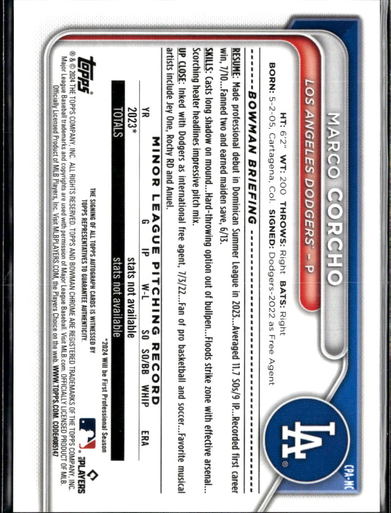 Marco Corcho 2024 Bowman Chrome 1st Auto Autograph /99 Los Angeles Dodgers