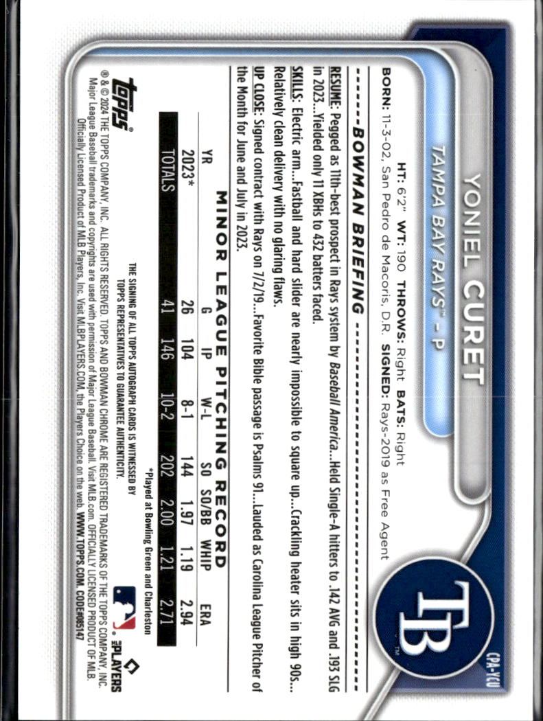 Yoniel Curet 2024 Bowman Chrome 1st Auto Autograph /99 Tampa Bay Rays