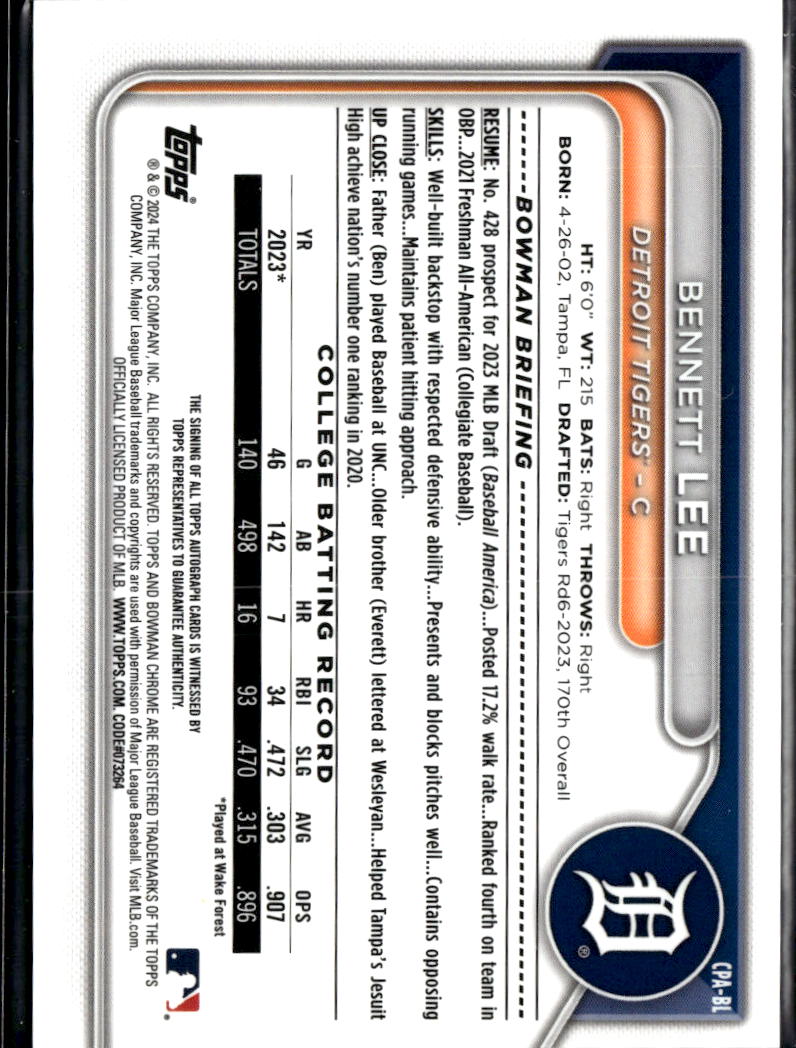 Bennett Lee 2024 Bowman Chrome 1st Auto Autograph /99 Detroit Tigers