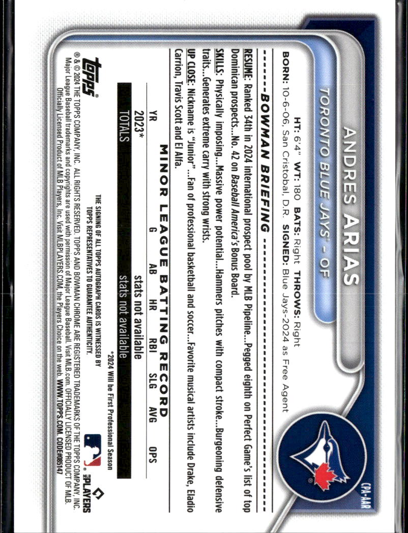 Andres Arias 2024 Bowman Chrome 1st Auto Autograph /99 Toronto Blue Jays