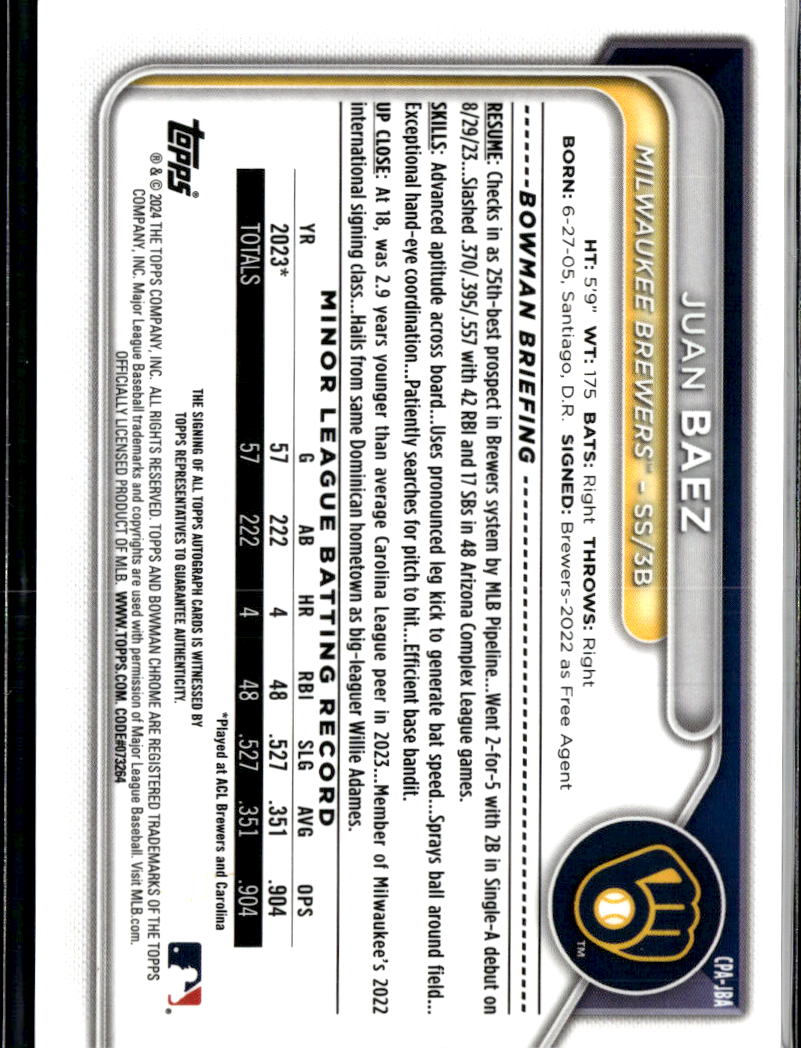 Juan Baez 2024 Bowman Chrome 1st Auto Autograph 97/99 Milwaukee Brewers